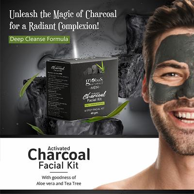 Globus Naturals Anti-Pollution Charcoal Men 6 Step Facial Kit, for Oil Control & Blackhead Removal 40 gm - Facial Kits