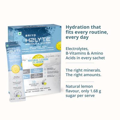 Briyo Daylift Hydration + Energy Electrolyte Drink Mix Sugar Free Sachets - Litro Lemon Flavour (Pack of 10 x 8 g) - Nutritional Supplement