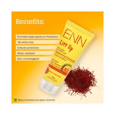 ENN Litt Up Ultra Light No White Cast Brightening Sunscreen Turmeric & Saffron SPF 50 PA+++ 50gm - Face Sunscreen