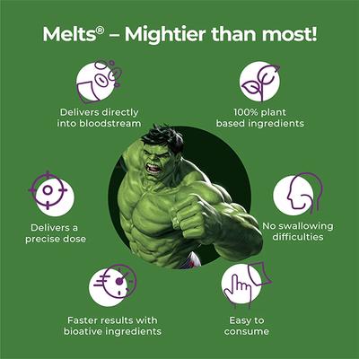 Wellbeing Nutrition Marvel Marvel Hulk Melts Kids Vegan Algae Omega-3(EPA and DHA) Alpha GPC Lutein (30 Strips) - Multi-Vitamins