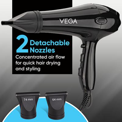 Vega Pro Touch 2000W For Women & Men With Cool Shot Button, 2 Heat/2 Speed Settings & 2 Nozzles (Vhdp-02) - Hair Dryers