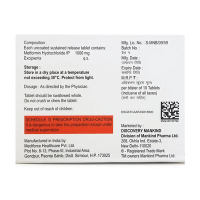 Metatime XR 1000mg Tablet 10'S - Diabetes-Ant