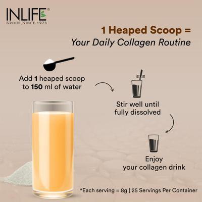 INLIFE Hydrolyzed Fish Collagen Powder - Orange Flavour 200 gm - Hair & Skin