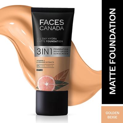 Faces Canada All Day Hydra Matte Foundation 3-In-1 Foundation + Moisturizer + SPF 30 24 Hr Aloe Hydration & Vitamin C 10Hr Long Wear Golden Beige 032 25ml - Foundation