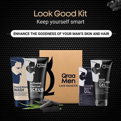 Qraa Men Look Good Kit, (Face Wash, Styling Gel, Scrub and Beard Oil), Premium Gift Box for Men 1's - Face Washes