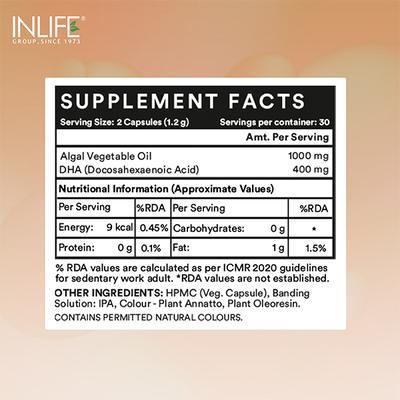 INLIFE Vegetarian DHA Capsules 60's - Omega Fish Oil Fatty Acids