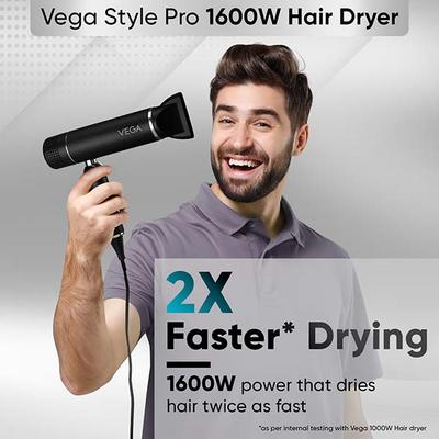 Vega Style Pro 1600W Hair Dryer for Men and Women with 2X Faster Drying, 2 Attachment (VHDH-34) 549 gm - Hair Dryers