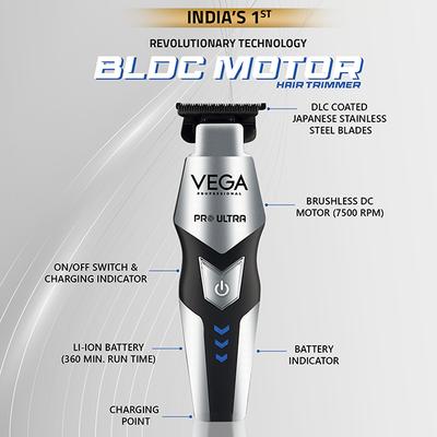 VEGA Professional Pro Ultra Professional Hair Trimmer With BLDC Motor, Silver & Black (VPPHT-09) 1's - Trimmers