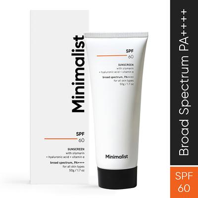 Minimalist SPF 60 Pa ++++ Sunscreen with Silymarin+Hyaluronic Acid+Vitamin E 50gm - Face Sunscreen