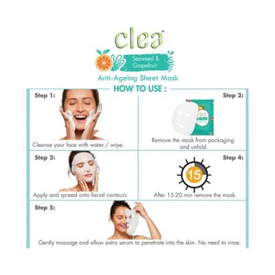 Clea Seaweed & Grapefruit Face Sheet Mask Anti-Ageing Face Sheet Mask Dermatologically Tested Made with Natural Actives 20 gm - Masks & Peels