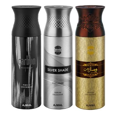 Ajmal Carbon & Silver Shade & Wisal Dahab Deodorant Spray - For Men (Pack Of 3) 200 ml - Men Perfumes (Edt/Edp)