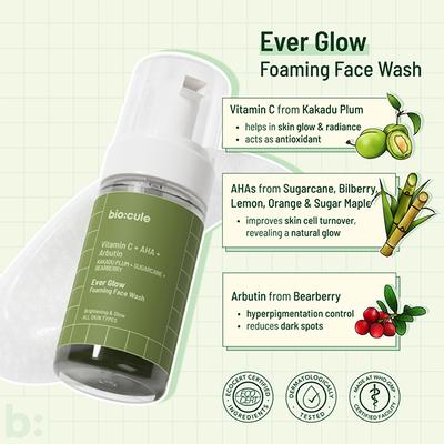 Biocule Ever Glow Foaming Face Wash For Glowing & Even Skin Tone, With Vitamin C, Sugarcane 100 ml - Face Wash & Cleansers