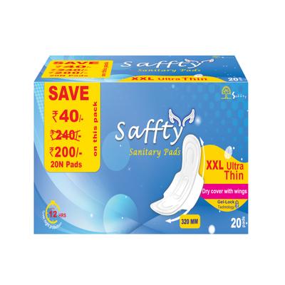 Saffty Ultra Thin Sanitary Pads 320 MM with Dry Cover and Wings (XXL) 20's - Sanitary Napkins