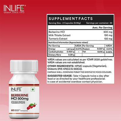 INLIFE Berberine HCL 500 mg Veg Capsules 60's - Vital Health