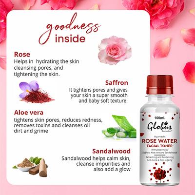 Globus Remedies Ayurvedic Rose Water Facial Toner With Goodness Of Saffron, Aloe Vera & Sandalwood, 100ml each 2's - Toners
