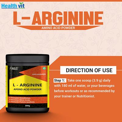 Healthvit Fitness L-Arginine Amino Acid Powder Muscle Building and Endurance 200 gm - General Health