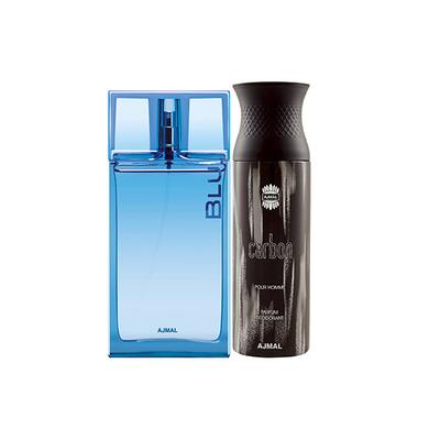 Ajmal Blu EDP Aquatic Woody Perfume And Carbon Homme Deodorant Citrus Spicy Fragrance 290 ml - Men Perfumes (Edt/Edp)