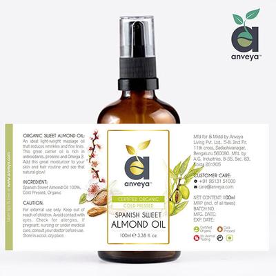 Anveya Spanish Sweet Almond Oil, Cold - Pressed Organic 100 ml - Carrier Oils
