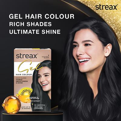 Streax Gel Hair Colour for women, Natural Black 1, No ammonia hair color, 100% grey coverage 150 ml - Crème