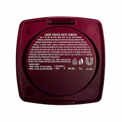 Lakme Forever Matte Compact, Smooth Finish, Lasts for 12 Hrs, Even Toned Look, Shell, 9 gm - Compact Powder