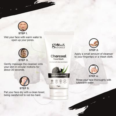 Globus Naturals Anti Pollution Charcoal Face Wash, Enriched with Tea Tree Oil, for Oily and Acne Prone Skin, 75gm - Face Wash & Cleansers