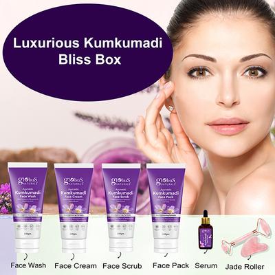 Globus Naturals Luxurious Kumkumadi Bliss Box, Box Includes - Kumkumadi Face Wash 100gm, Face Scrub 100gm, Face Cream 100gm, Face Pack 100gm, Face Serum 50ml and Jade Roller 1's - Creams, Lotions & Oils