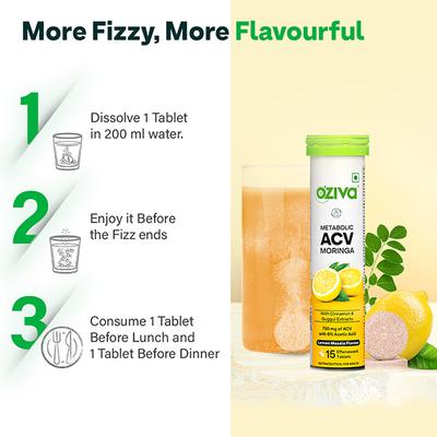 OZiva ACV Moringa for Weight Loss, 3-in-1 Fat Oxidation Formula, Lemon Masala 15's - Weight Loss