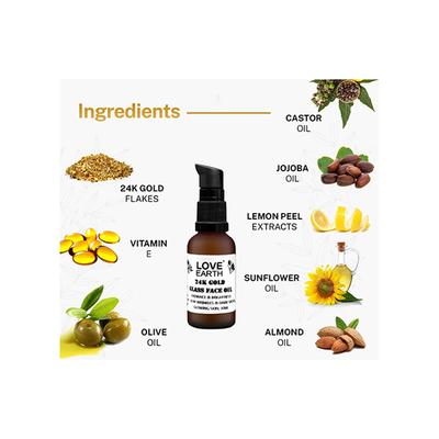 Love Earth 24K Gold Glass Face Oil for Skin Brightening, Pigmentation, Anti-Aging 30 ml - Face Serum