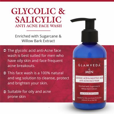 Glamveda Men Glycolic Acid and Salicylic Acid Anti Acne Face Wash 200 ml - Face Washes
