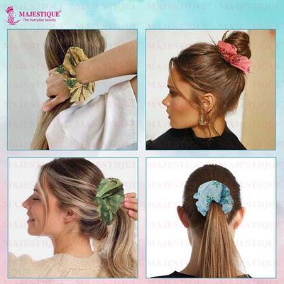 Majestique Georgette Hair Ties Scrunchies Elastics Leaf Print Bands For Women - Multicolor 2's - Hair Clips/Bands