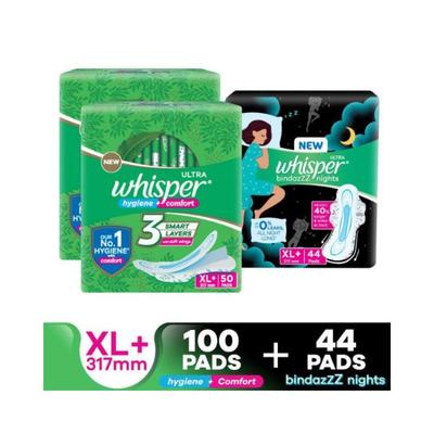 Whisper Combo of Ultra Clean and Bindazz Nights XL+ for Women Sanitary Pad 144's - Sanitary Napkins