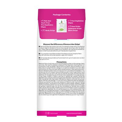 Remove Wax Strips 52 Pcs Maxi Set - Sensitive (20 Body + 8 Bikini + 8 Face + 8 Underarm Strips & 4 Pain-Less + 4 Post Depilation Cleaning Wipes) 1's - Shaving & Hair Removal