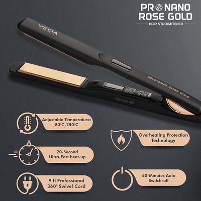 VEGA Professional Pro Nano Rose Gold Hair Straightener with Ultra Fast 20 Secs Heat Up, (VPPHS-01) 1's - Hair Dryers