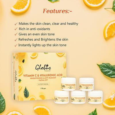 Globus Naturals Anti - Ageing Hyaluronic Acid And Vitamin C Lightening Brightening Facial Kit 110 gm - Facial Kits