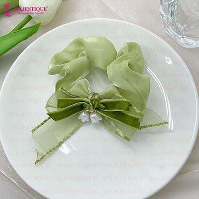 Majestique Satin Silk Layered Hair Bow Embellished Clip And Hair Scrunchies Combo For Women Girls - Green 2's - Hair Clips/Bands