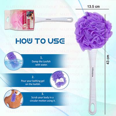 Majestique Long Handle Loofah for Back Scrubber, Easy Reach Body Wash, Back Cleaning - Color May Vary 1's - Others