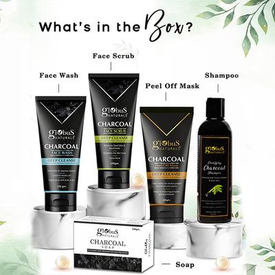 Globus Naturals Pre and Post Holi Ritual Ayurvedic Charcoal Skin Care Gift Box, for All Skin Types - Both Men and Women Face Wash 100gm, Face Scrub 100gm, Peel Off Mask 100gm, Charcoal Shampoo 250ml and Soap 100gm 1's - Makeup Kits & Sets