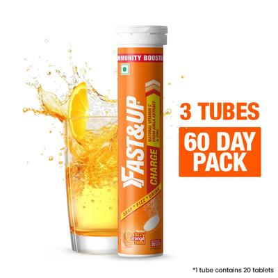 Fast&Up Charge Natural Vitamin C From Amla Extract & Zinc Effervesent Tablet - Fizzy Blast Orange Flavour (Pack of 3 x 20's) - Vitamin C