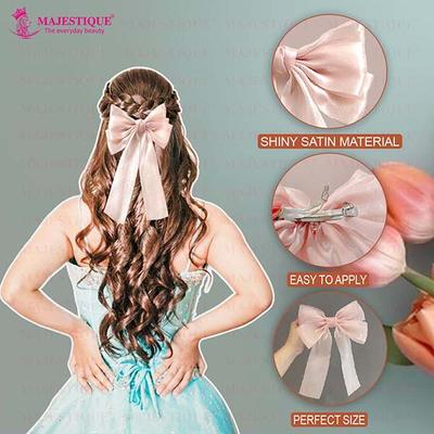 Majestique Big Satin Layered Hair Bows For Women, Long Tail Ribbon Barrettes Clip Accessories Best Gift - Pink 1's - Hair Clips/Bands