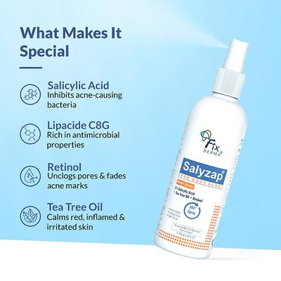 Fixderma Salyzap 2% Salicylic Acid Body Acne Spray For Acne on Back, Shoulders, Neck & Chest 100 ml - Scrubs & Exfoliants