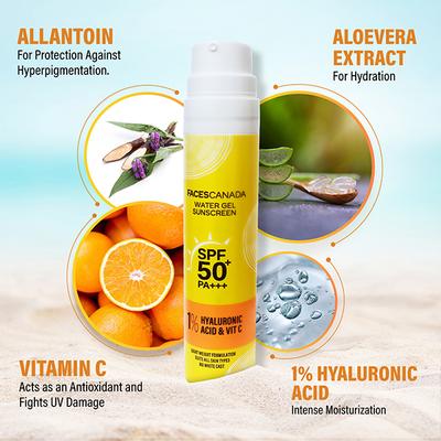 Faces Canada Water Gel Sunscreen, SPF 50+ PA+++, 1% Hyaluronic Acid & Vitamin C, No Parabens 50gm - Face Sunscreen