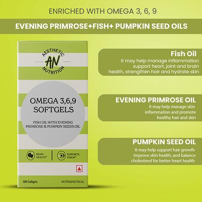 Aesthetic Nutrition Omega 3 6 9 Softgels Triple Omega Formula With Evening Primrose, Fish Oil, And Pumpkin Seed Oil For Heart, Skin 30 Softgels 1's - Omega Fish Oil Fatty Acids