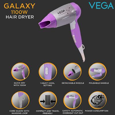 VEGA Galaxy 1100w Foldable Hair Dryer (VHDH-06) Color May Vary 1 gm - Hair Dryers