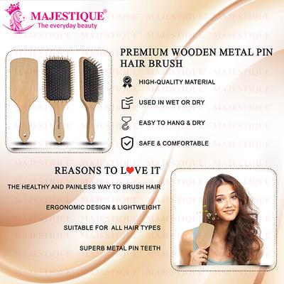 Majestique Premium Wooden Metal Pin Brush, Eco Friendly Wooden Hair Brush with Metal Pin Bristles 1's - Hair Brushes