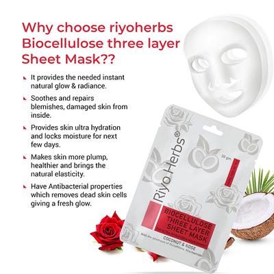 Riyo Herbs Bio Cellulose Three Layer Sheet Mask - Coconut & Rose 30 gm - Masks & Peels