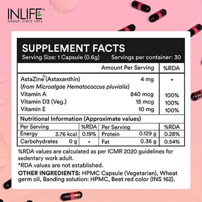 INLIFE Astaxanthin 4mg Supplement AstaZine Vitamin A, D, E Veg Capsules 30's - Multi-Vitamins