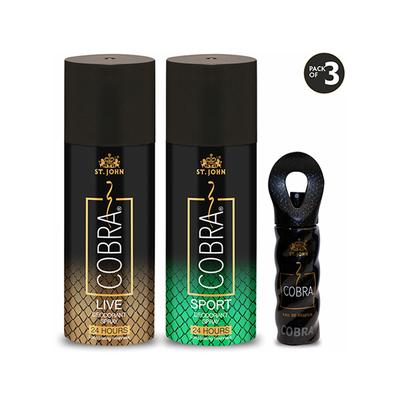 St. John Cobra Live Limited Edition Deodorant Spray 150 ml + Sports Limited Edition Deodorant Spray 150 ml + Cobra Eau De Parfum 15 ml - Men Deodorants/Roll-Ons