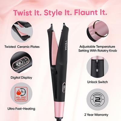 Vega Glam Up 2 In 1 Twisted Hair Styler- Straightener and Curler, (VHSC-05) 455 gm - Straighteners
