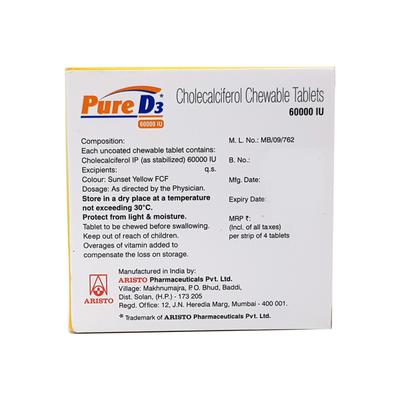 Pure D3 60000IU Sugar Free Chewable Tablet 4'S - Supplements-Vit