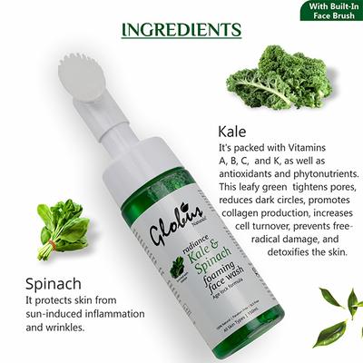 Globus Naturals Kale & Spinach Anti- Aging Foaming Face Wash With Silicon Face Massage Brush 150 ml - Face Wash & Cleansers